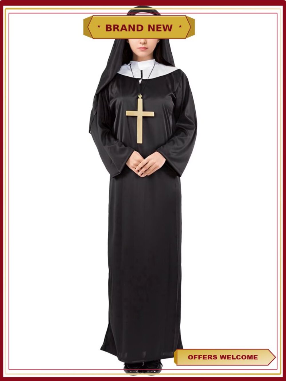 Nun Costume with Hood & Necklace Halloween Cosplay